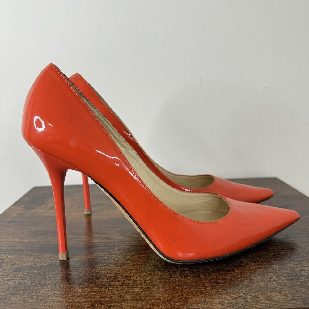 Jimmy Choo Abel Patent Leather Classic Pumps Size 38.5 US 8.5 Orange Stiletto - Picture 6 of 13